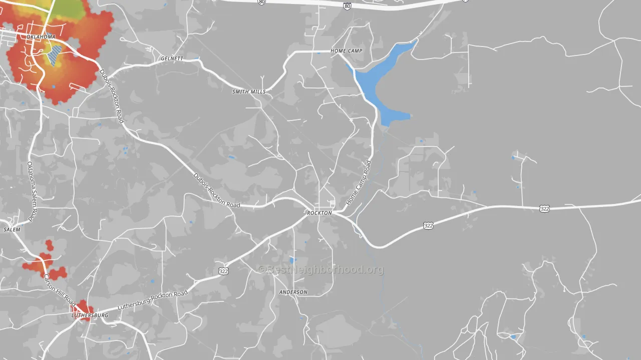 Walk Grade map of 15856, PA, walkable areas in green and car-dependent areas in red
