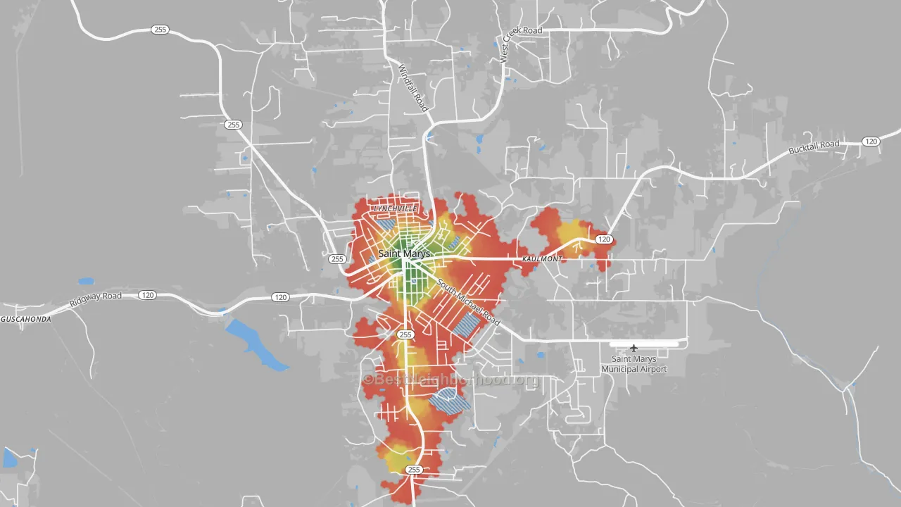 Walk Grade map of 15857, PA, walkable areas in green and car-dependent areas in red