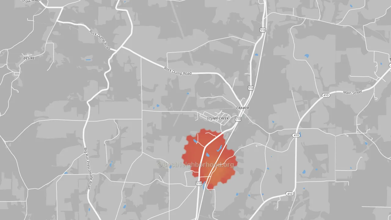Walk Grade map of 15863, PA, walkable areas in green and car-dependent areas in red