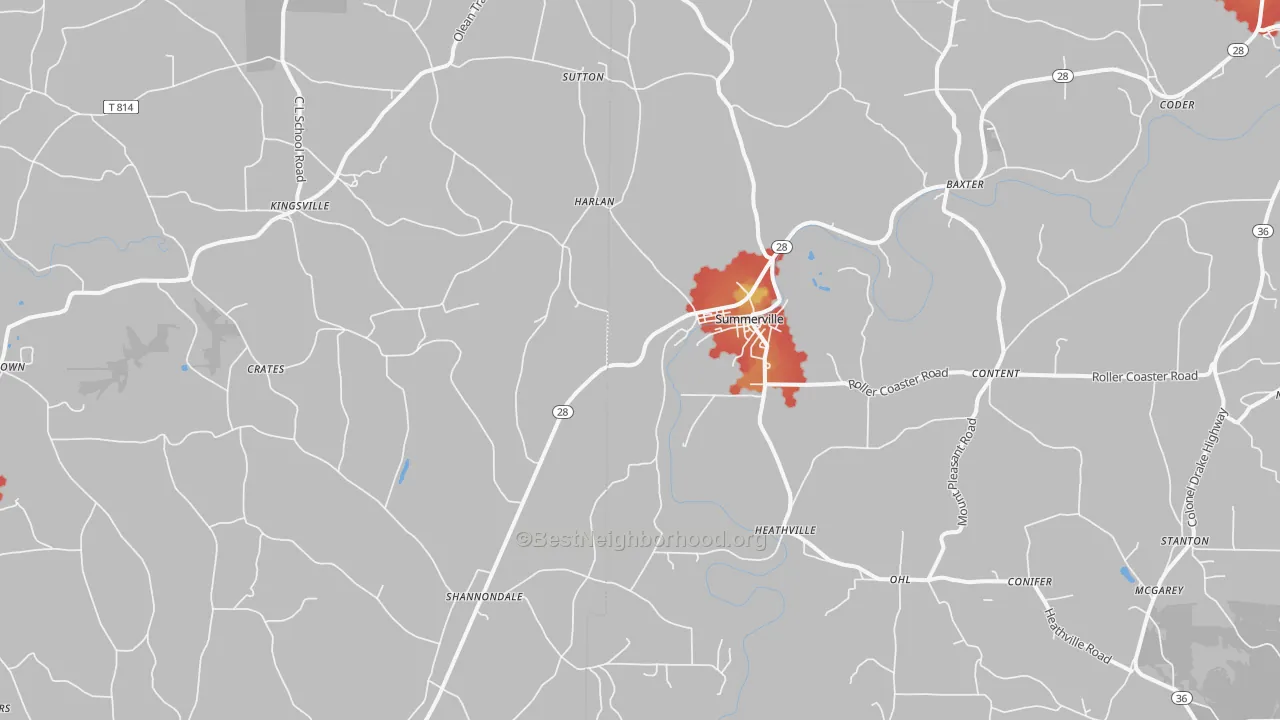 Walk Grade map of 15864, PA, walkable areas in green and car-dependent areas in red