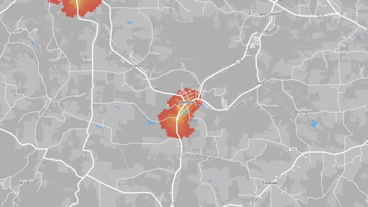 Walk Grade map of 15865, PA, walkable areas in green and car-dependent areas in red