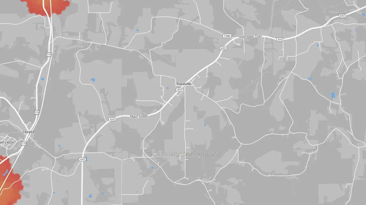 Walk Grade map of 15866, PA, walkable areas in green and car-dependent areas in red