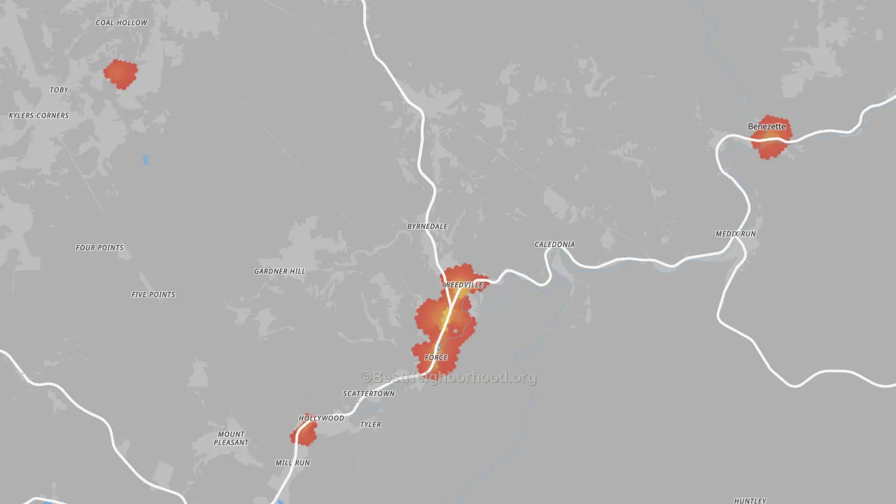 Walk Grade map of 15868, PA, walkable areas in green and car-dependent areas in red