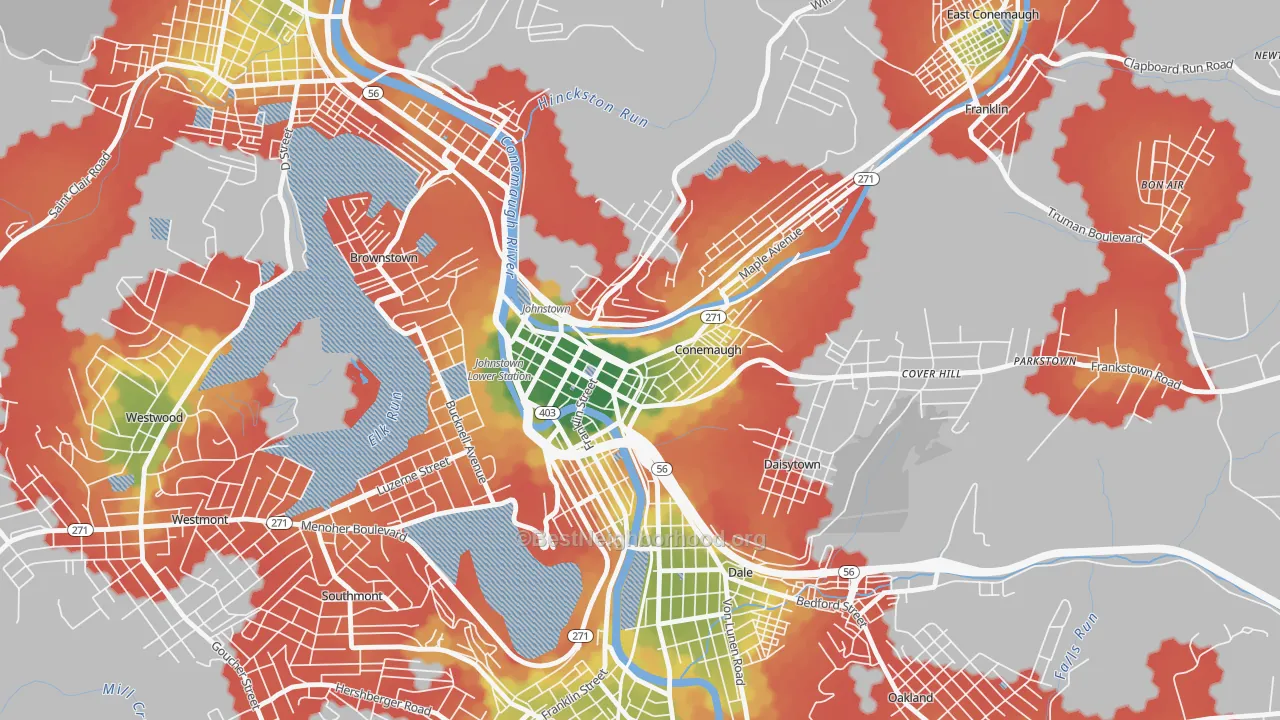 Walk Grade map of 15901, PA, walkable areas in green and car-dependent areas in red