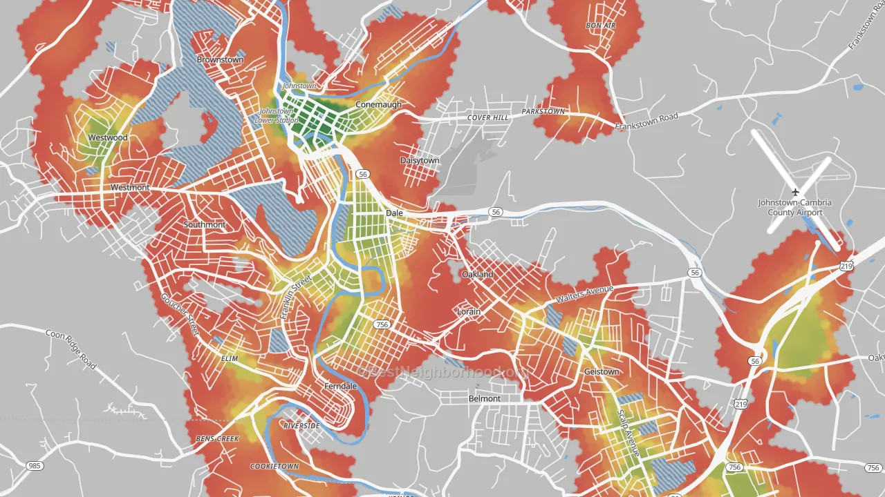 Walk Grade map of 15902, PA, walkable areas in green and car-dependent areas in red