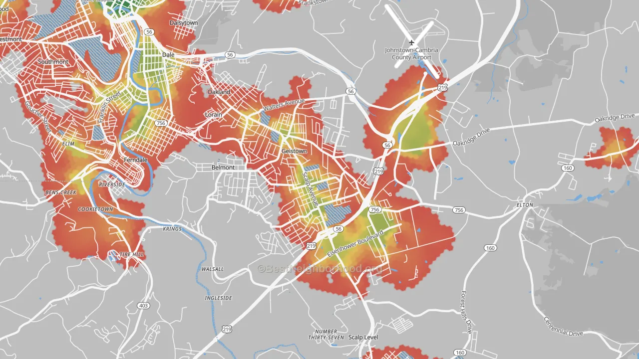 Walk Grade map of 15904, PA, walkable areas in green and car-dependent areas in red