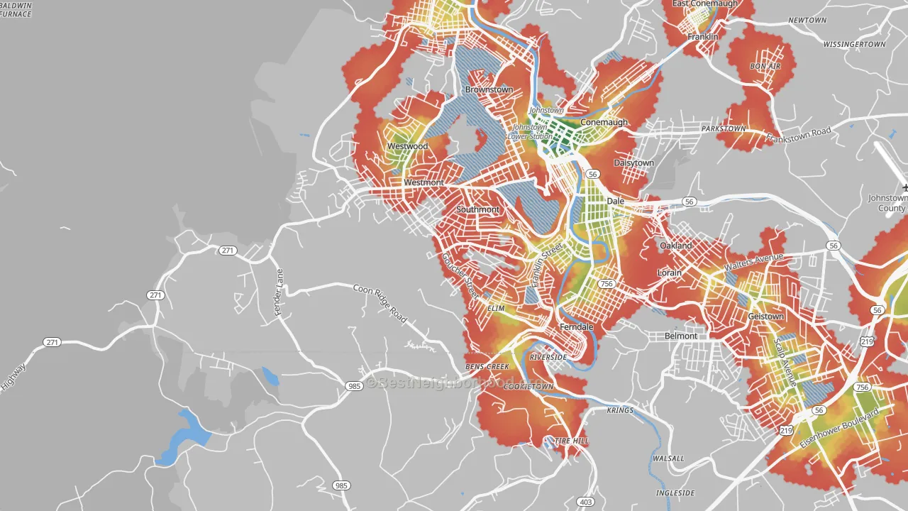 Walk Grade map of 15905, PA, walkable areas in green and car-dependent areas in red