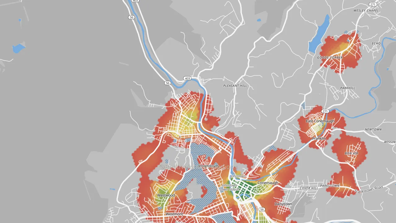 Walk Grade map of 15906, PA, walkable areas in green and car-dependent areas in red