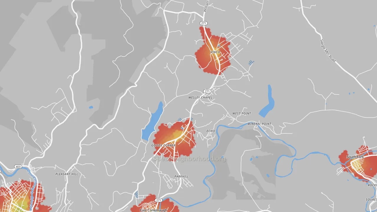 Walk Grade map of 15909, PA, walkable areas in green and car-dependent areas in red
