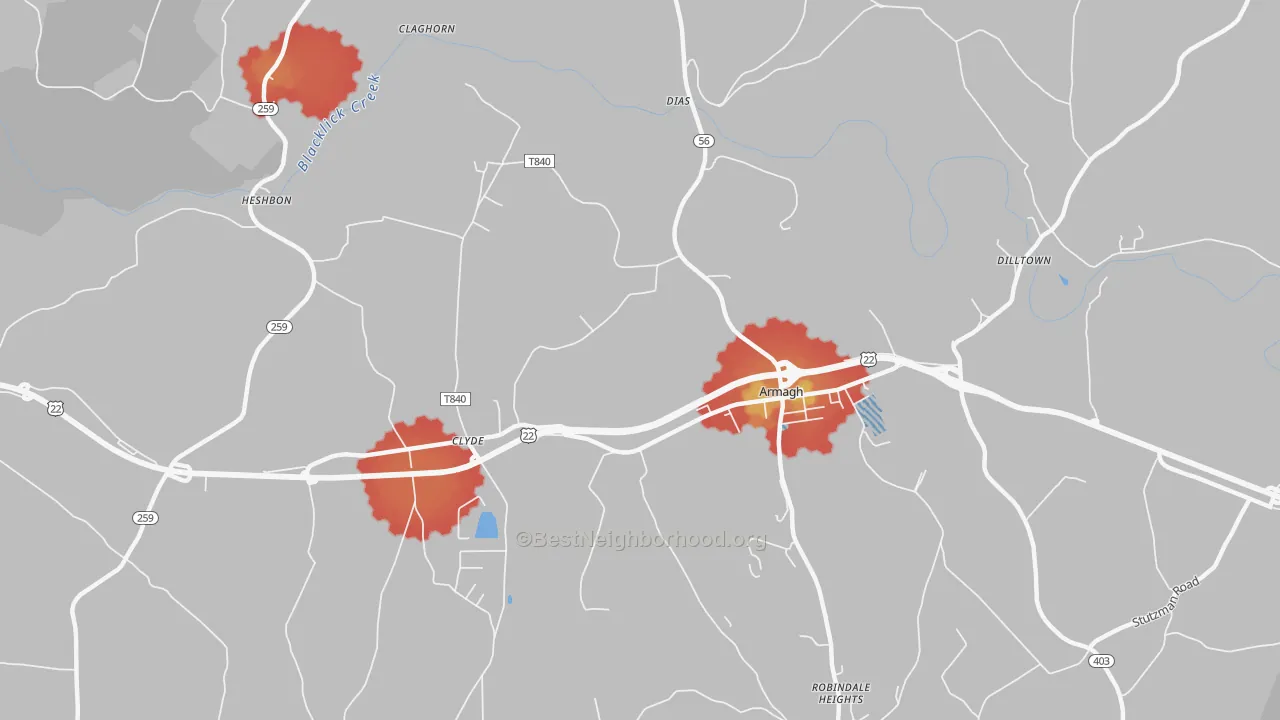 Walk Grade map of 15920, PA, walkable areas in green and car-dependent areas in red