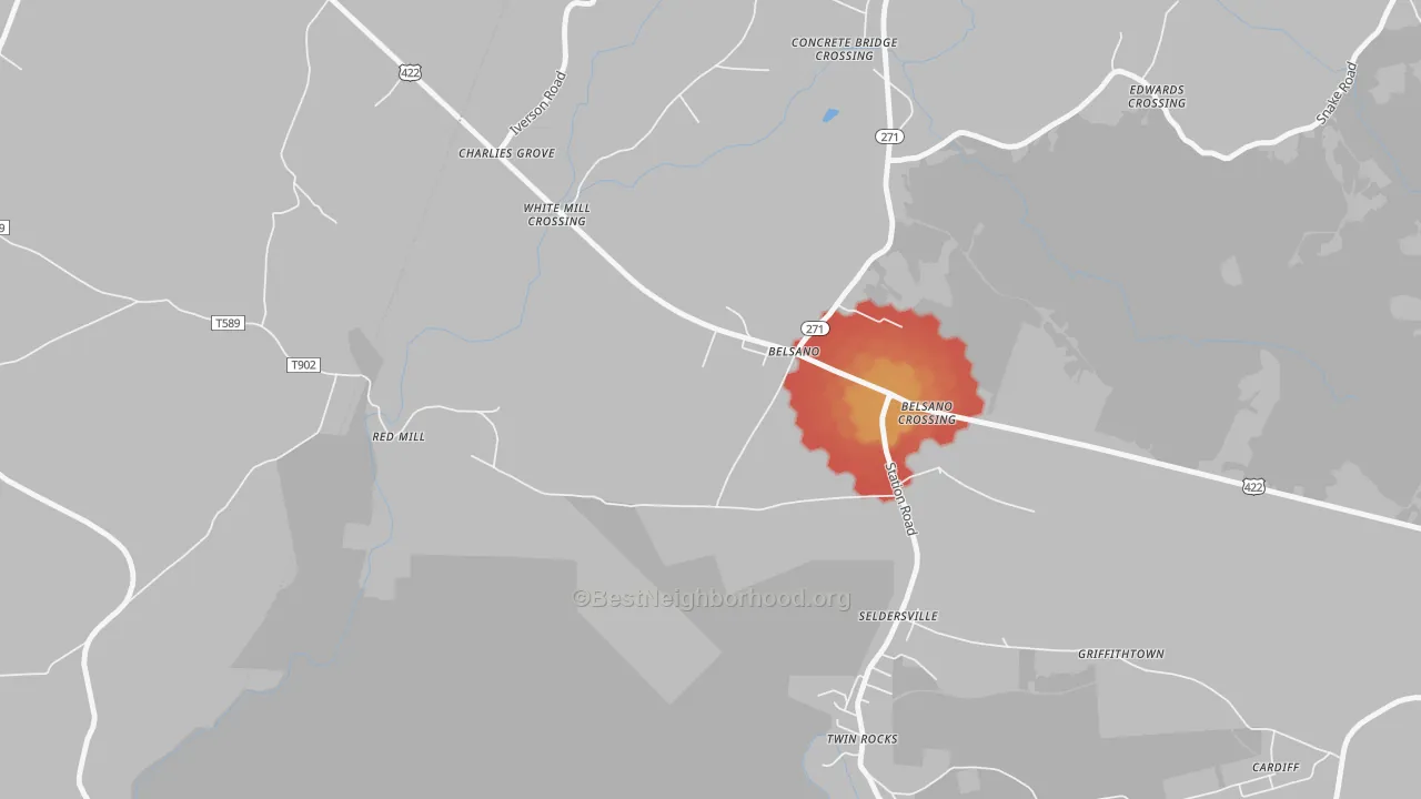 Walk Grade map of 15922, PA, walkable areas in green and car-dependent areas in red