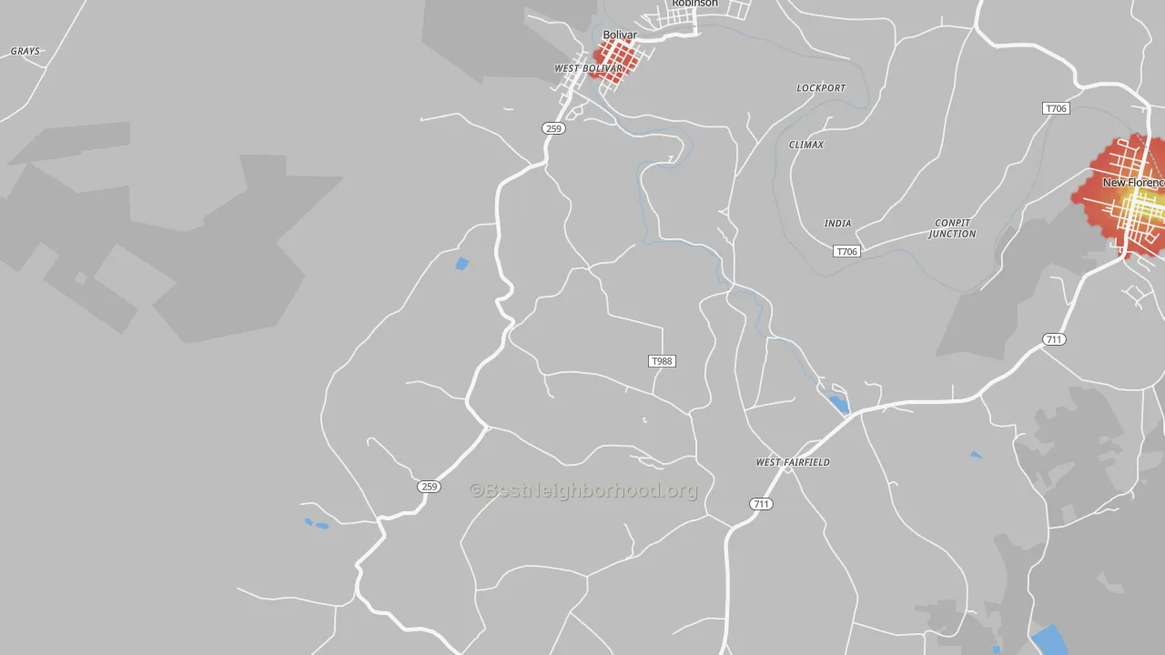 Walk Grade map of 15923, PA, walkable areas in green and car-dependent areas in red