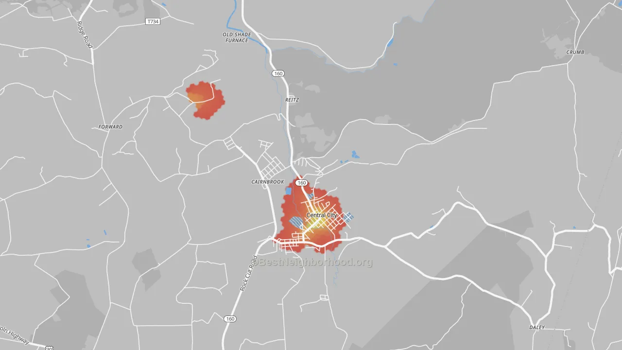 Walk Grade map of 15924, PA, walkable areas in green and car-dependent areas in red