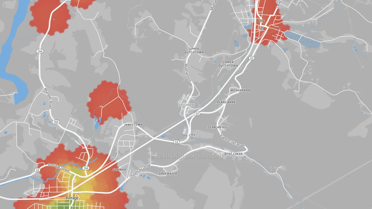 Walk Grade map of 15925, PA, walkable areas in green and car-dependent areas in red