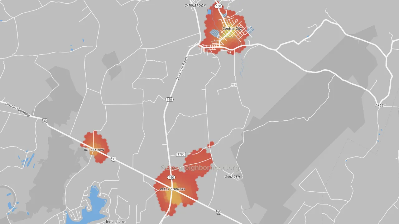 Walk Grade map of 15926, PA, walkable areas in green and car-dependent areas in red