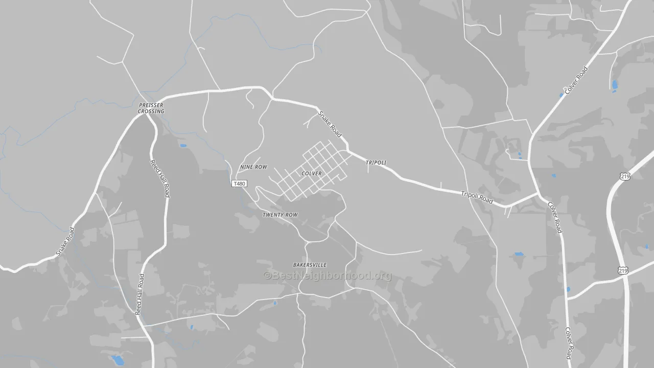 Walk Grade map of 15927, PA, walkable areas in green and car-dependent areas in red