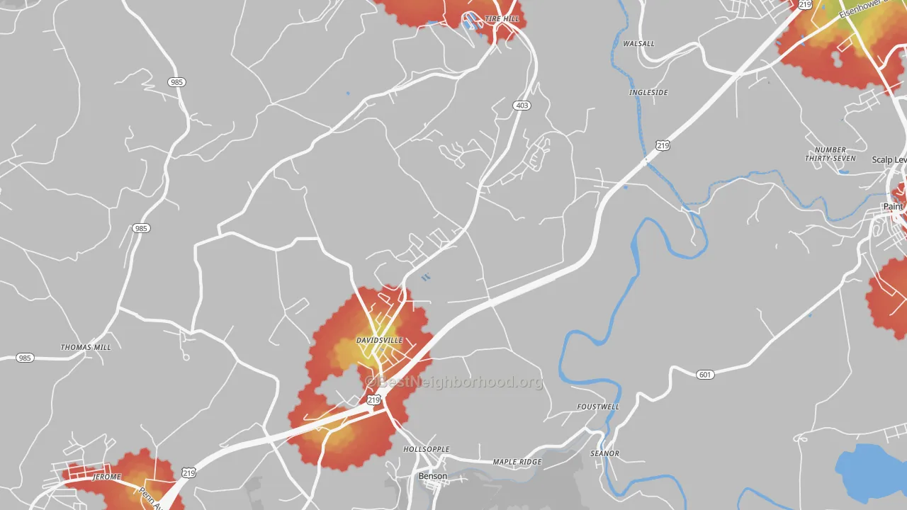 Walk Grade map of 15928, PA, walkable areas in green and car-dependent areas in red