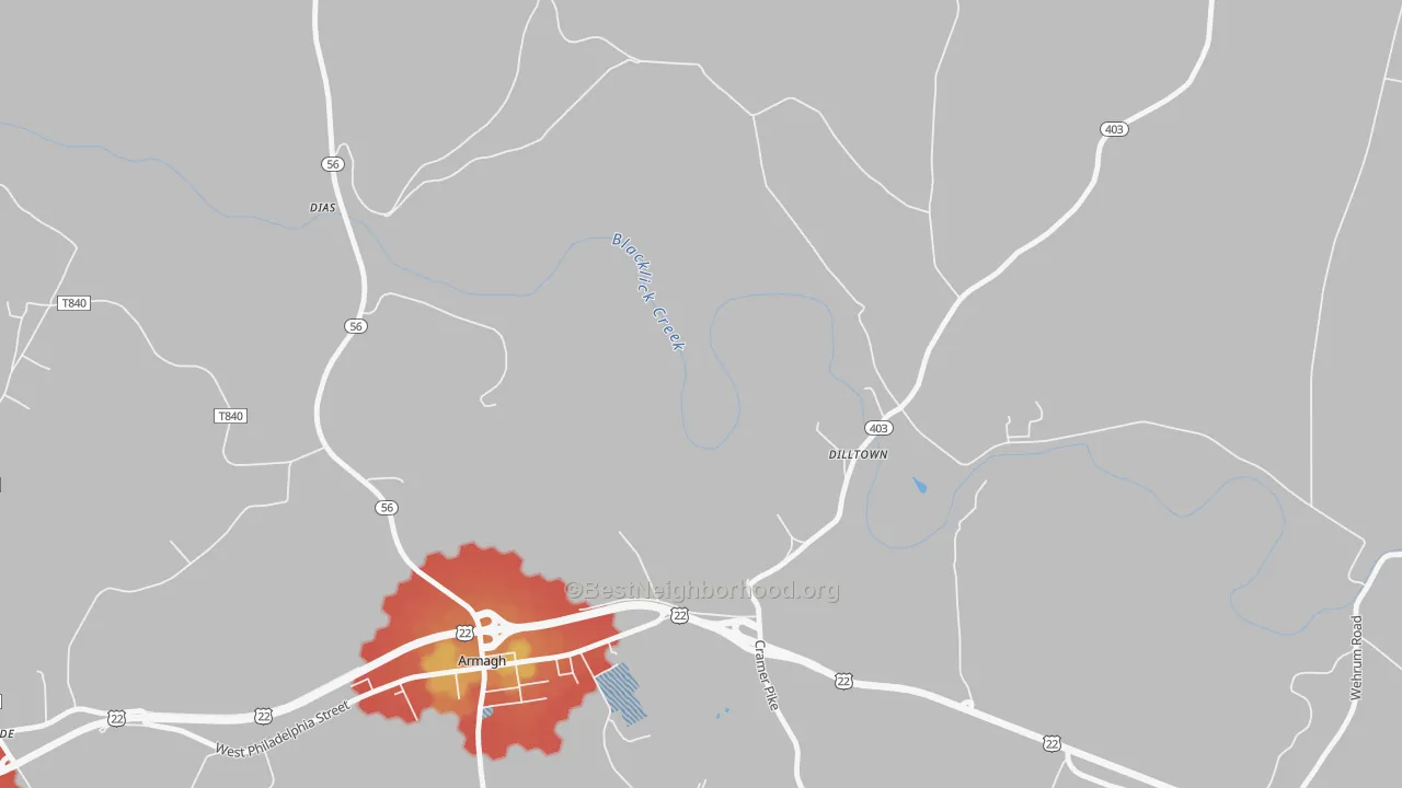 Walk Grade map of 15929, PA, walkable areas in green and car-dependent areas in red