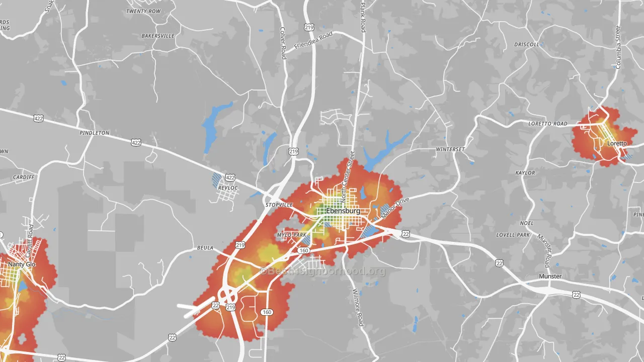 Walk Grade map of 15931, PA, walkable areas in green and car-dependent areas in red
