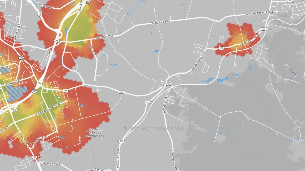 Walk Grade map of 15934, PA, walkable areas in green and car-dependent areas in red