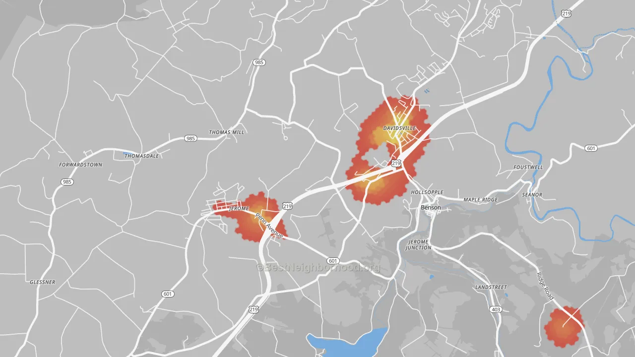 Walk Grade map of 15935, PA, walkable areas in green and car-dependent areas in red
