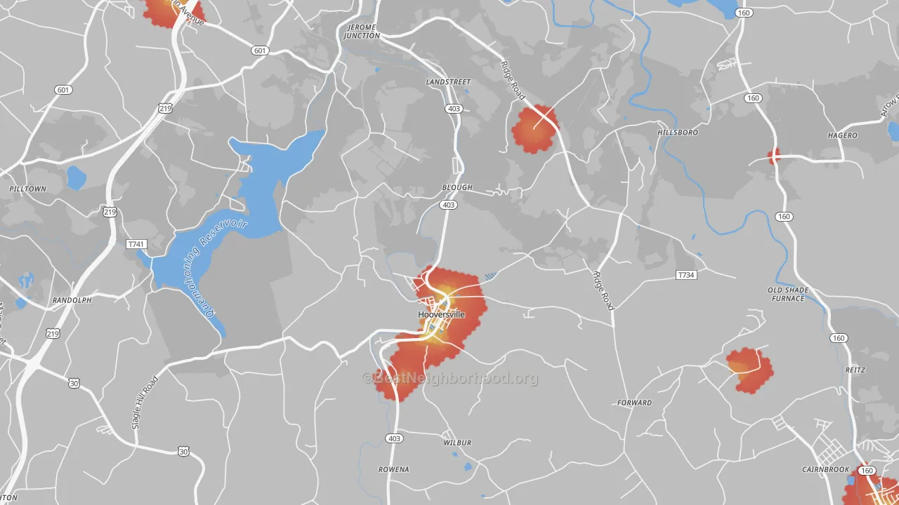 Walk Grade map of 15936, PA, walkable areas in green and car-dependent areas in red