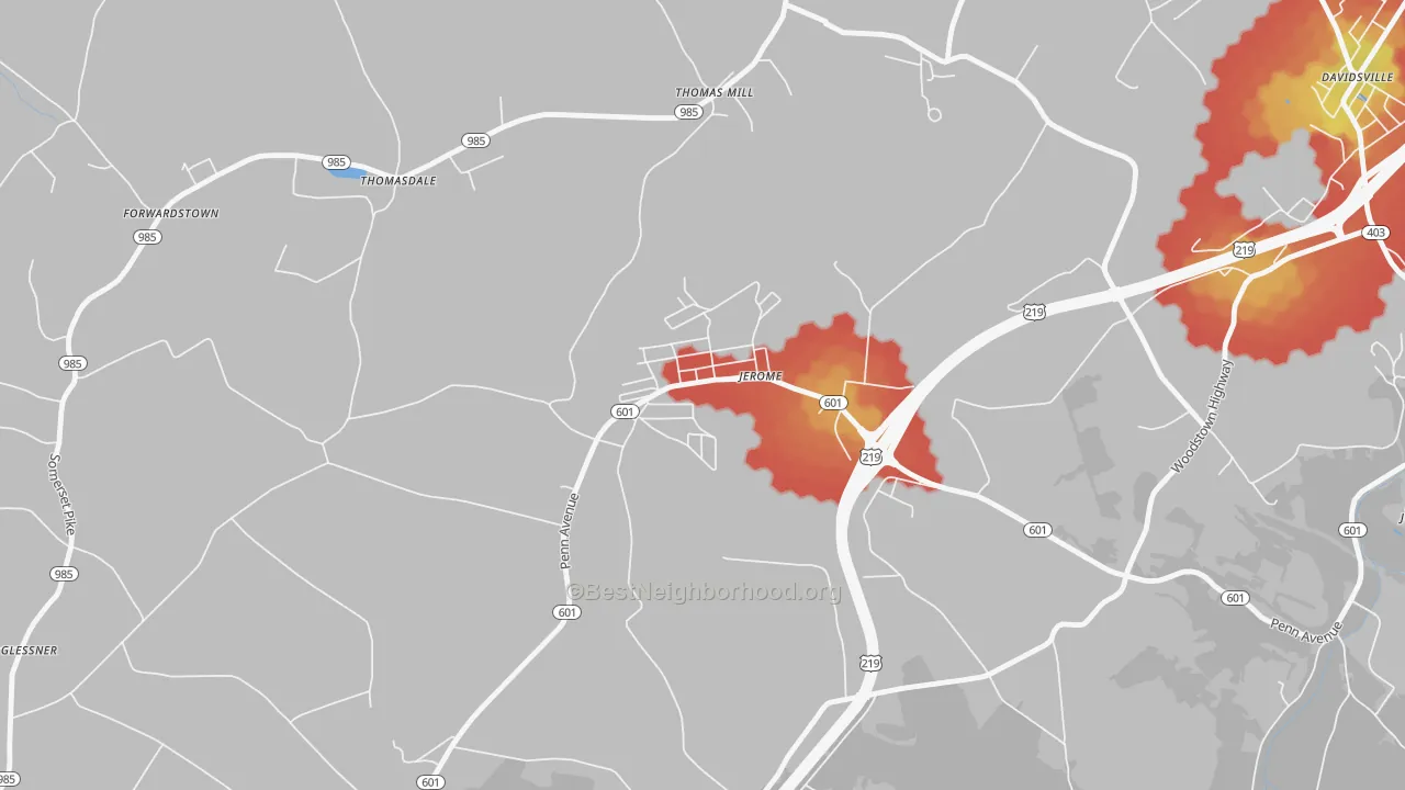 Walk Grade map of 15937, PA, walkable areas in green and car-dependent areas in red