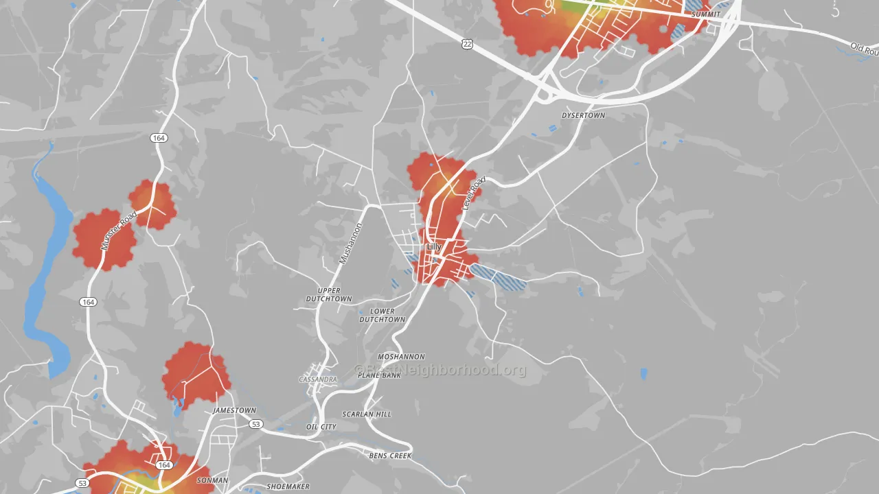Walk Grade map of 15938, PA, walkable areas in green and car-dependent areas in red