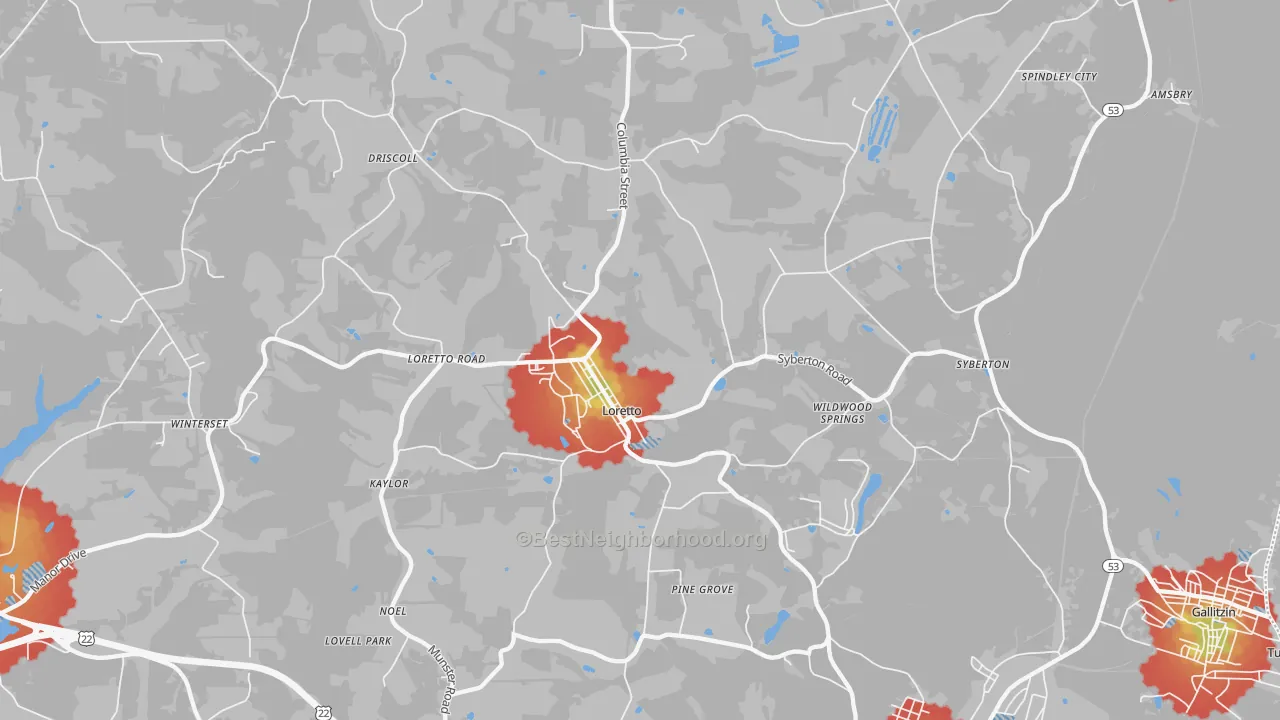 Walk Grade map of 15940, PA, walkable areas in green and car-dependent areas in red