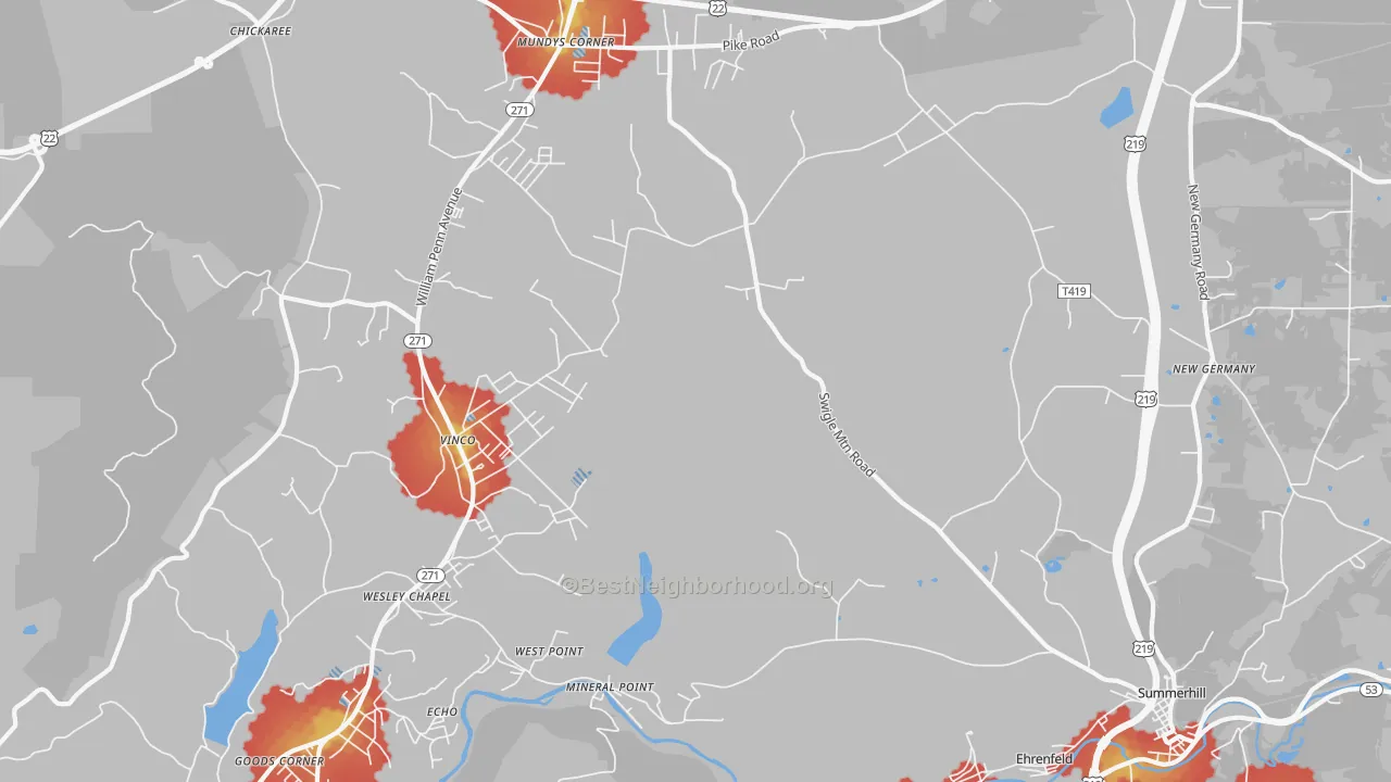 Walk Grade map of 15942, PA, walkable areas in green and car-dependent areas in red