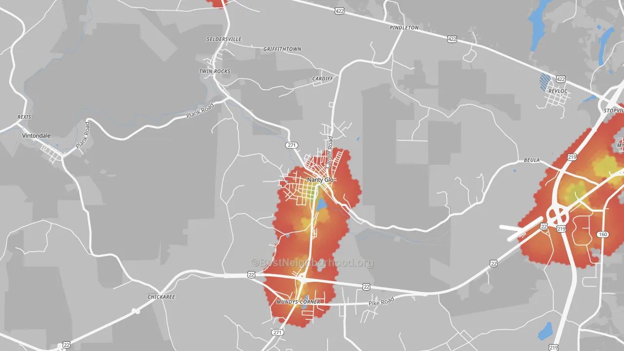 Walk Grade map of 15943, PA, walkable areas in green and car-dependent areas in red
