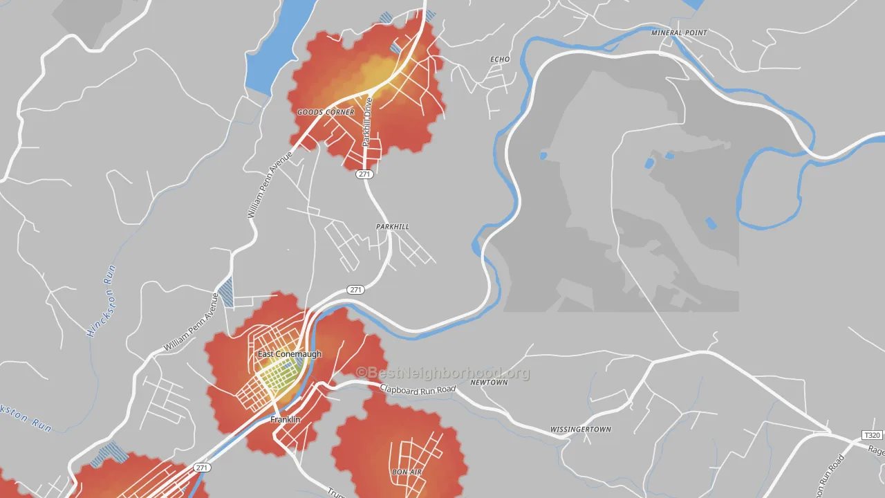 Walk Grade map of 15945, PA, walkable areas in green and car-dependent areas in red