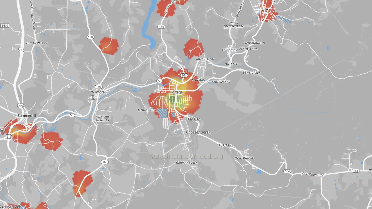 Walk Grade map of 15946, PA, walkable areas in green and car-dependent areas in red
