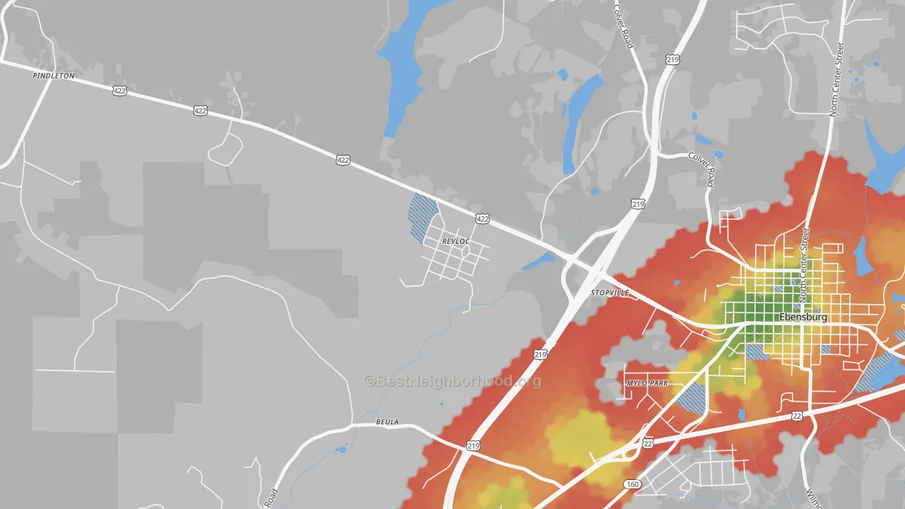 Walk Grade map of 15948, PA, walkable areas in green and car-dependent areas in red