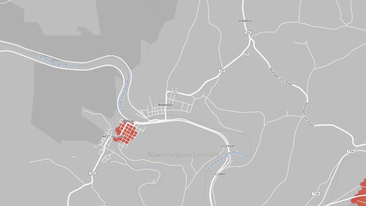 Walk Grade map of 15949, PA, walkable areas in green and car-dependent areas in red