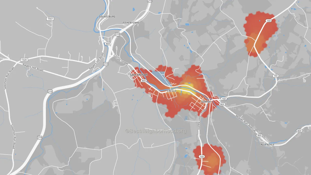 Walk Grade map of 15951, PA, walkable areas in green and car-dependent areas in red