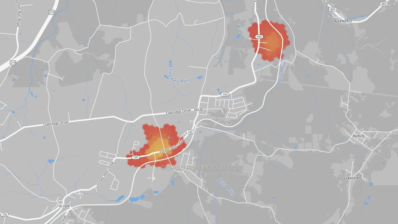 Walk Grade map of 15952, PA, walkable areas in green and car-dependent areas in red