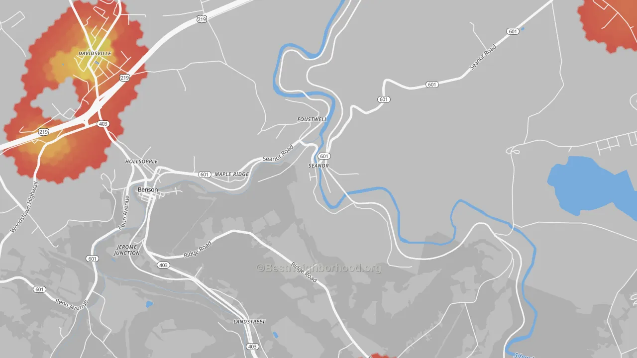 Walk Grade map of 15953, PA, walkable areas in green and car-dependent areas in red