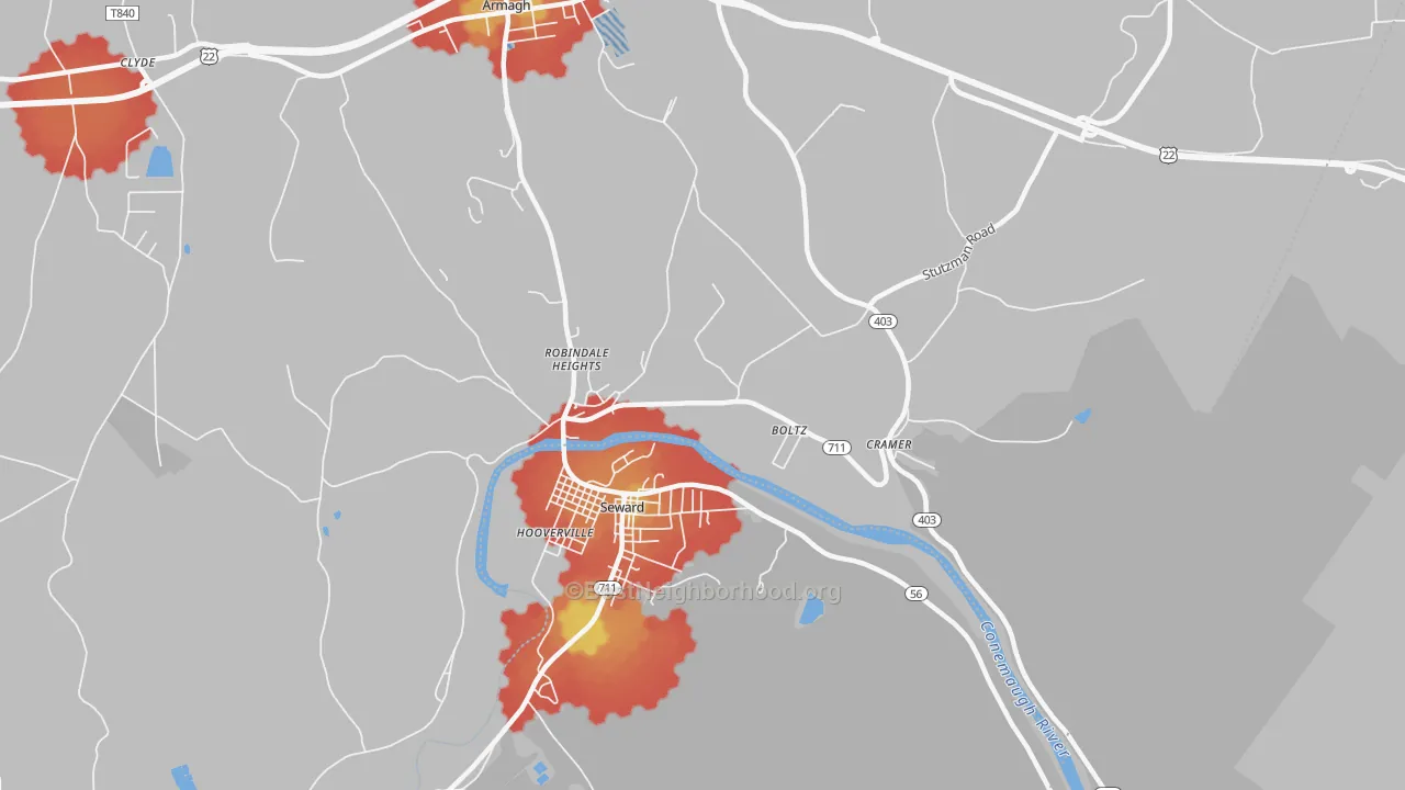 Walk Grade map of 15954, PA, walkable areas in green and car-dependent areas in red