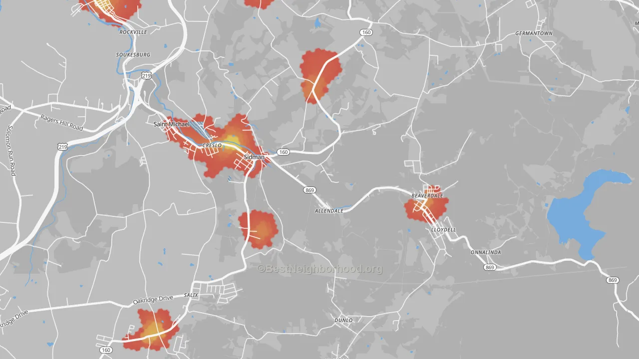 Walk Grade map of 15955, PA, walkable areas in green and car-dependent areas in red