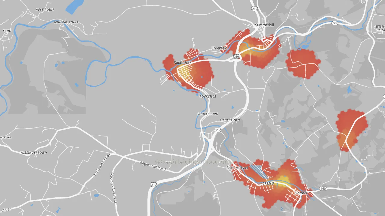 Walk Grade map of 15956, PA, walkable areas in green and car-dependent areas in red