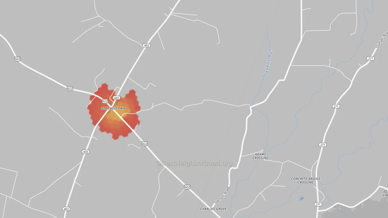 Walk Grade map of 15957, PA, walkable areas in green and car-dependent areas in red