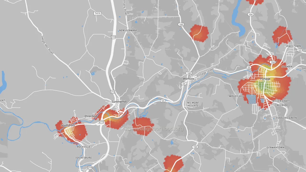 Walk Grade map of 15958, PA, walkable areas in green and car-dependent areas in red