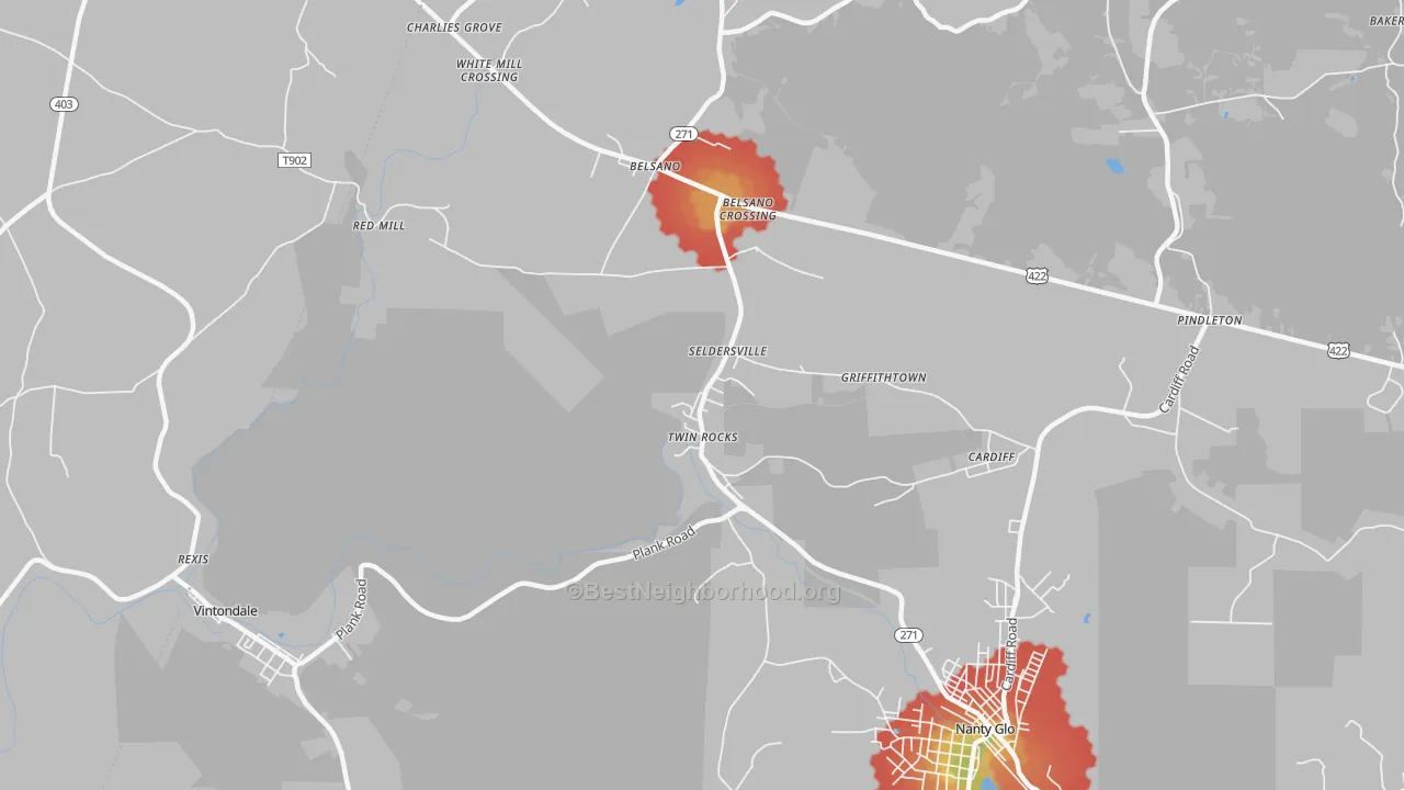 Walk Grade map of 15960, PA, walkable areas in green and car-dependent areas in red