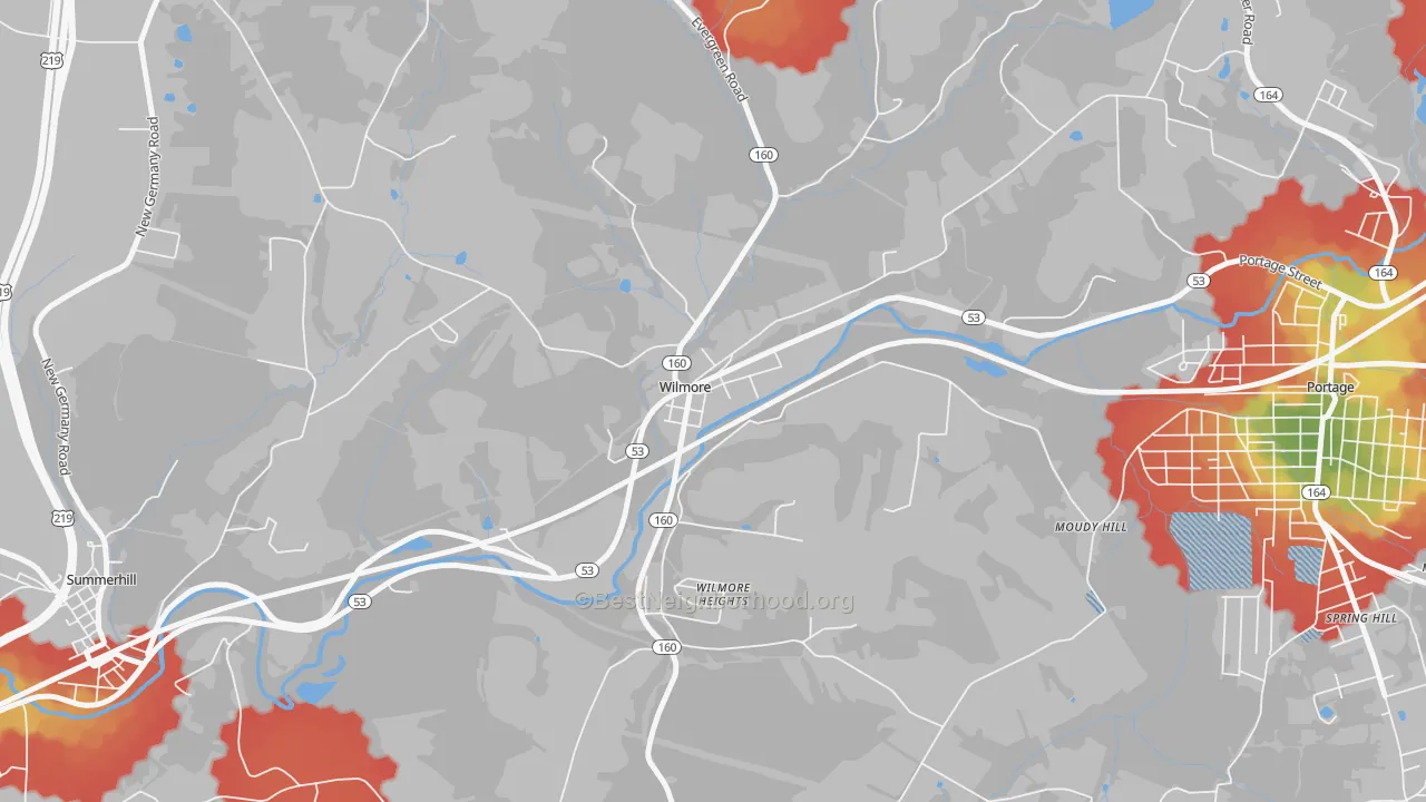Walk Grade map of 15962, PA, walkable areas in green and car-dependent areas in red