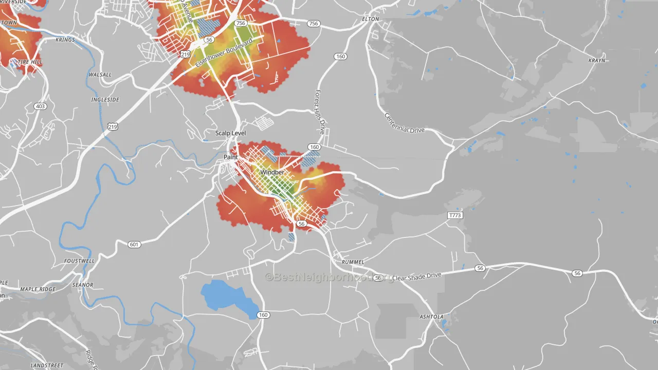 Walk Grade map of 15963, PA, walkable areas in green and car-dependent areas in red