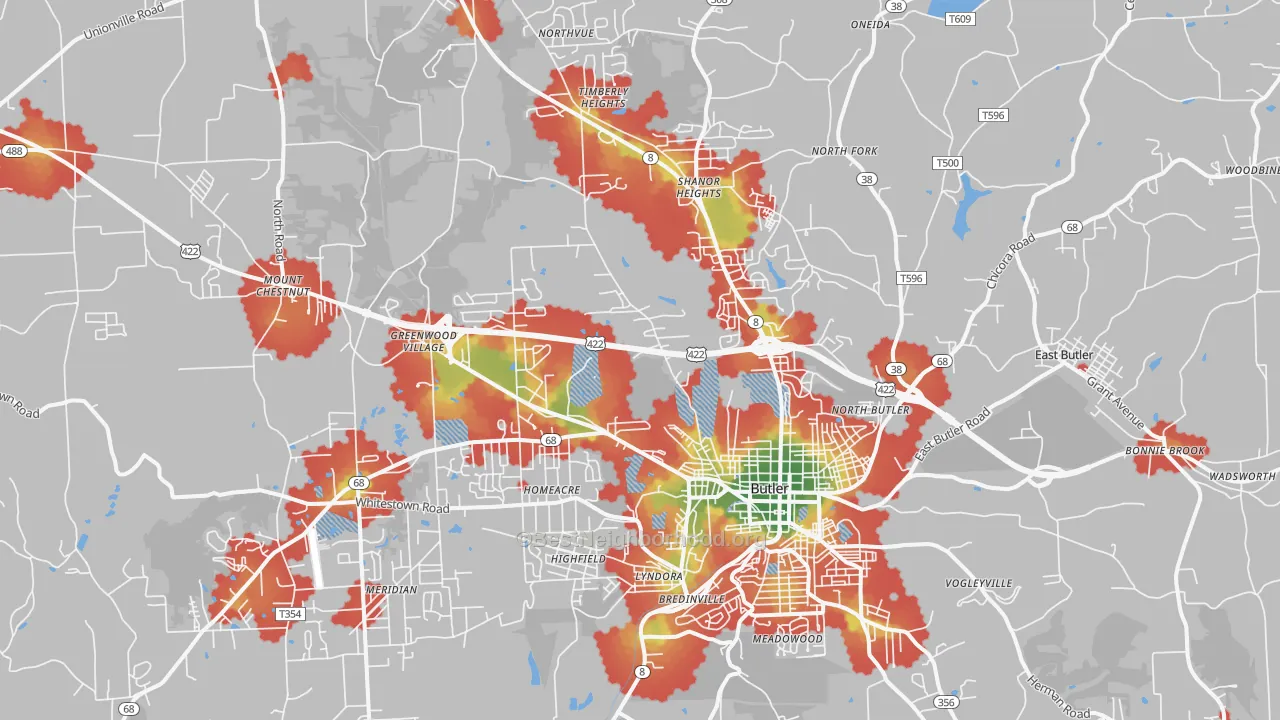 Walk Grade map of 16001, PA, walkable areas in green and car-dependent areas in red