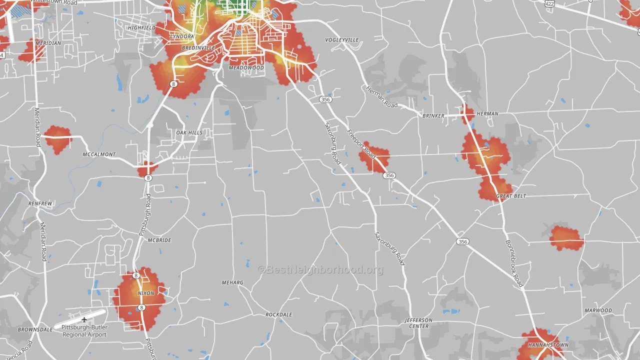 Walk Grade map of 16002, PA, walkable areas in green and car-dependent areas in red