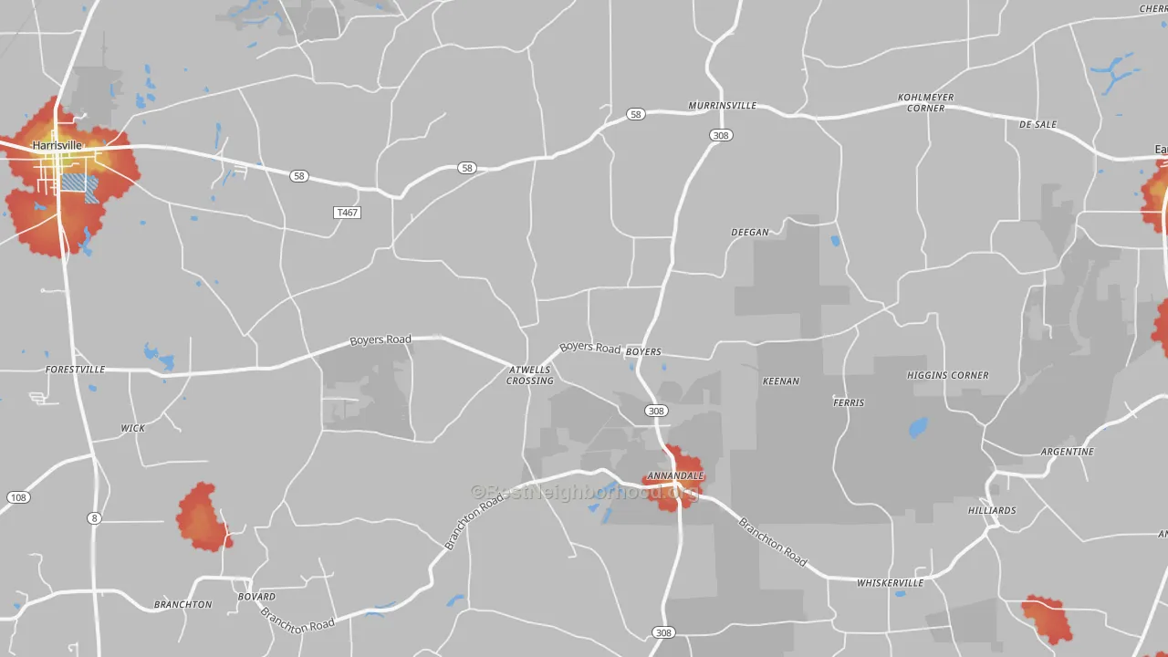 Walk Grade map of 16020, PA, walkable areas in green and car-dependent areas in red