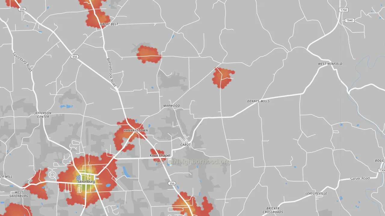 Walk Grade map of 16023, PA, walkable areas in green and car-dependent areas in red